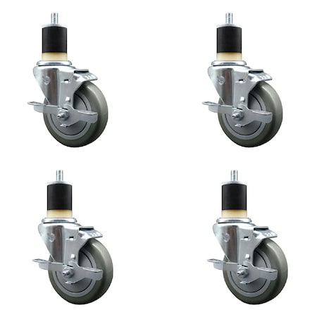 Service Caster 4'' SS Gray Poly Swivel 1-7/8'' Expanding Stem Caster Set with Brake, 4PK SCC-SSEX20S414-PPUB-TLB-178-4